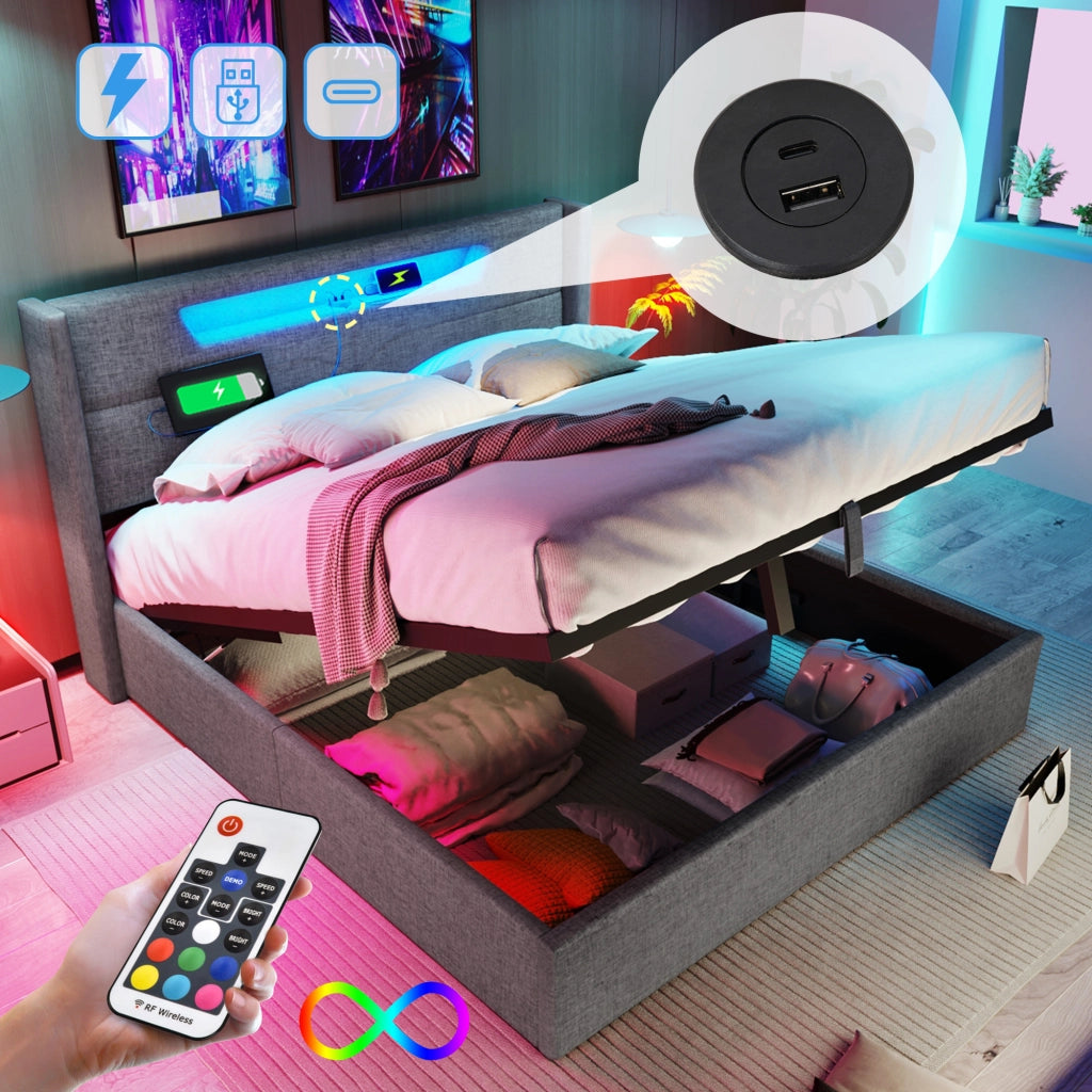 LETTO MATRIMONIALE 140x200 cm Grigio in Lino con LED e presa USB Type C