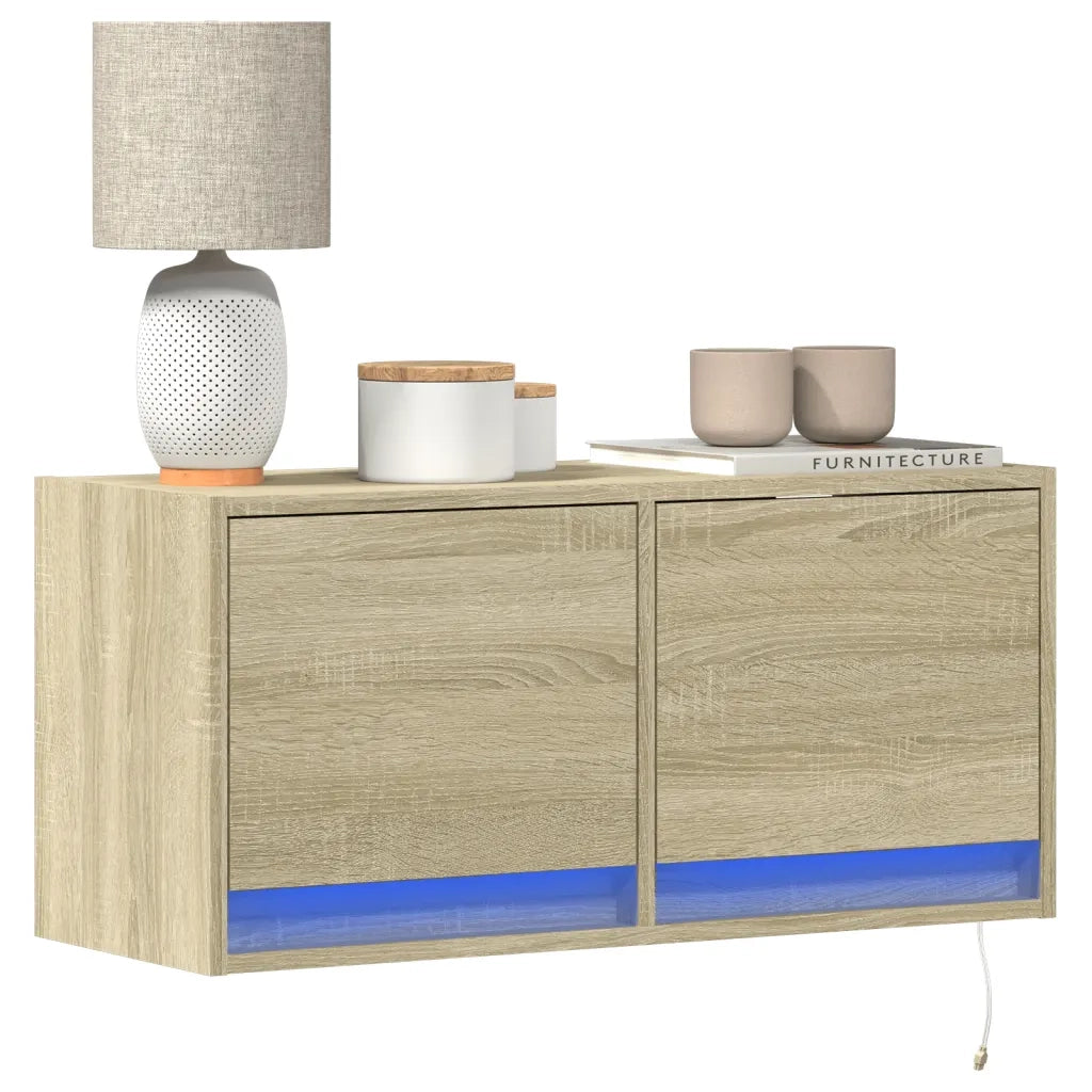 vidaXL Mobile TV a Parete con Luci LED Rovere Sonoma 80x31x35 cm