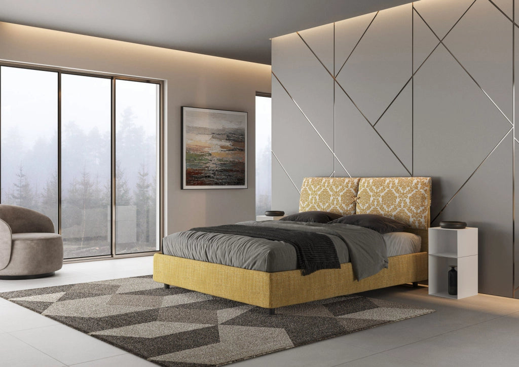 Letto Matrimoniale 160x190 cm con Rete e Contenitore con Testata e Alzata Comoda Imbottito in Tessuto Agata Mados Giallo