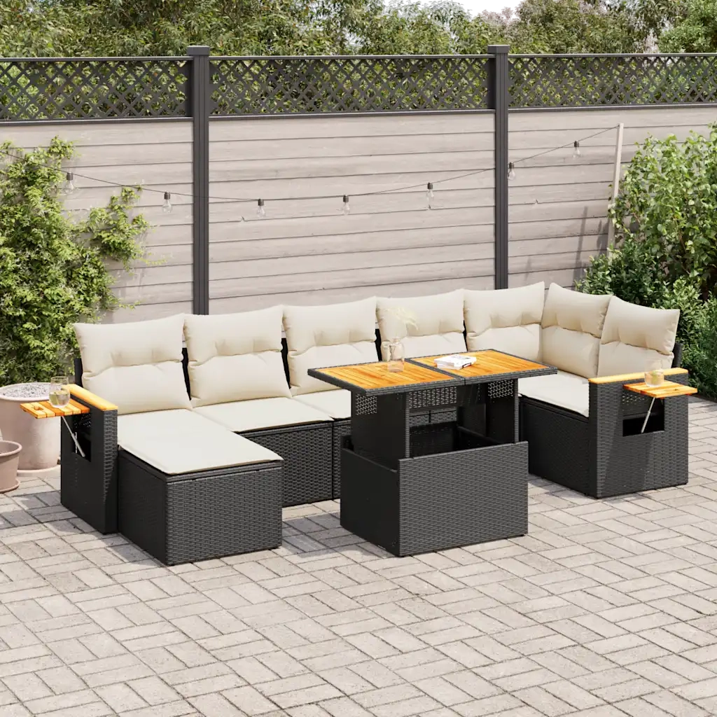 Set Divani da Giardino con Cuscini 8 pz Nero Polyrattan Acacia