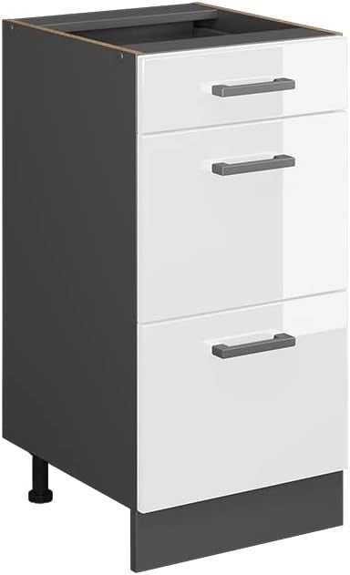 Mobiletto base per cucina R-Line, Bianco lucido, 40 cm con cassetti, senza piano di lavoro, per la libera combinazione all'interno di sistemi cucina modulari