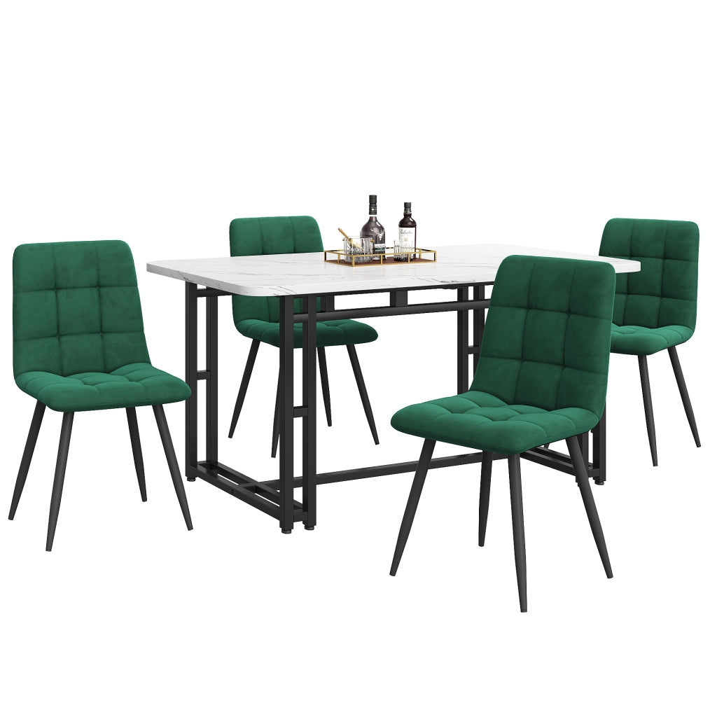 Tavolo da pranzo per 4 persone con 4 sedie in velluto, in MDF e metallo, verde, per sala da pranzo, 140 × 80 cm