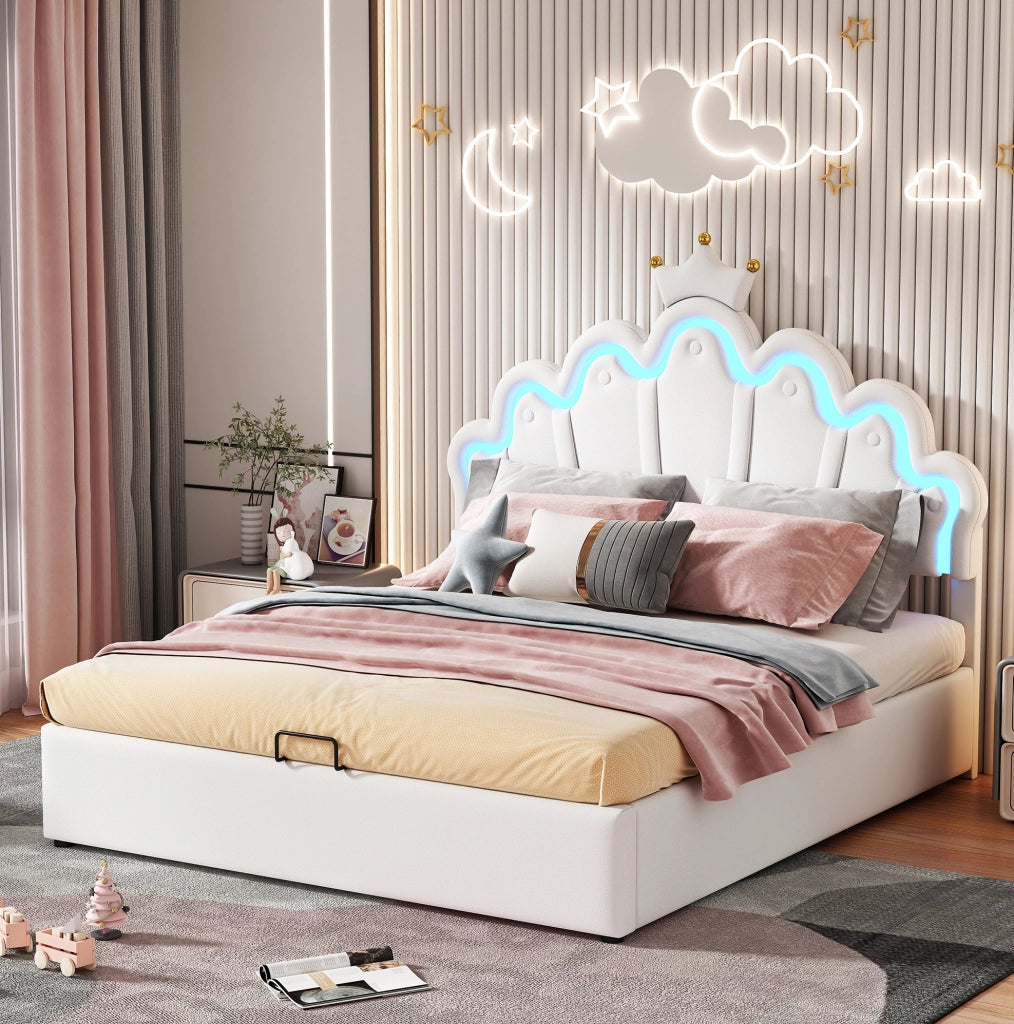 Letto imbottito 140x200 cm con contenitore e LED; testiera a nuvola con corona; PU bianco