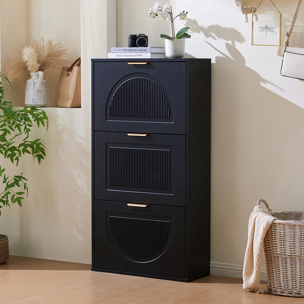 Mobile per scarpe stretto - Xylo - 60x24x114 cm - Nero - 3 ante per corridoio o salotto
