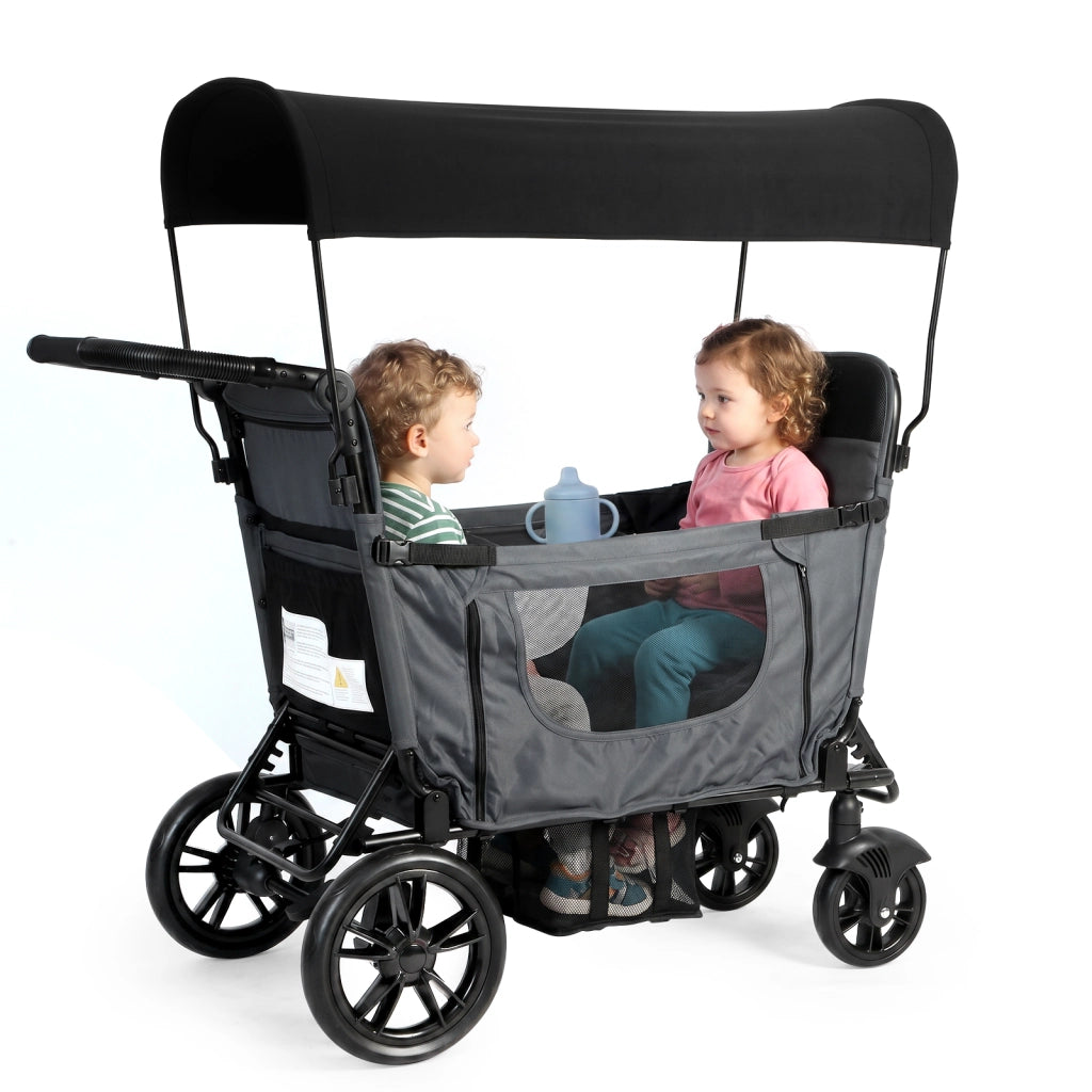 Doppel-Kinderwagen Sitz-Liege-Umwandlung, Faltbarer Bollerwagen für 2 Kinder Dunkelgrau