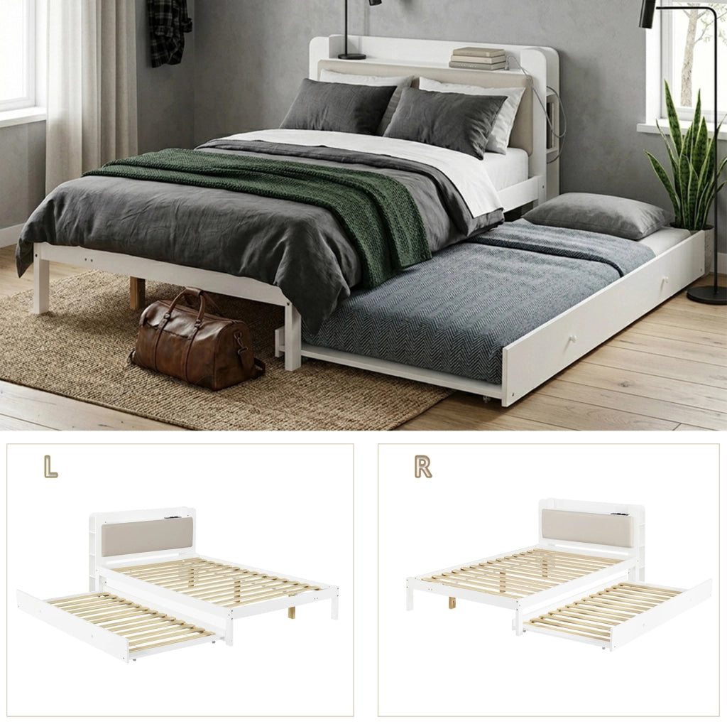 Letto funzionale bianco con letto estraibile e testiera imbottita