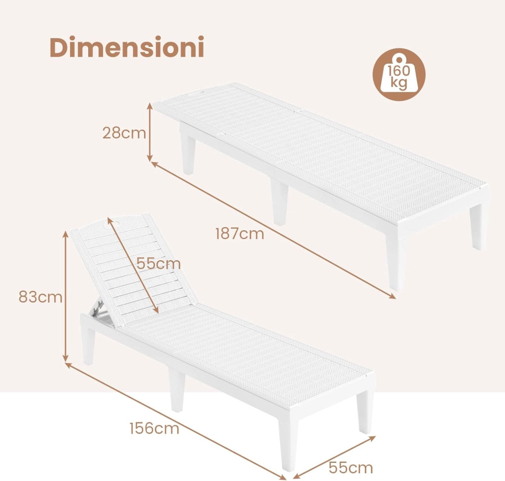 Set di 2 Sedie a Sdraio, Lettino Prendisole da Esterno in PP con Schienali Regolabili in 4 Posizioni, Sedia Reclinabile per Patio, Piscina, Terrazza, Portata 160 kg (Bianco)