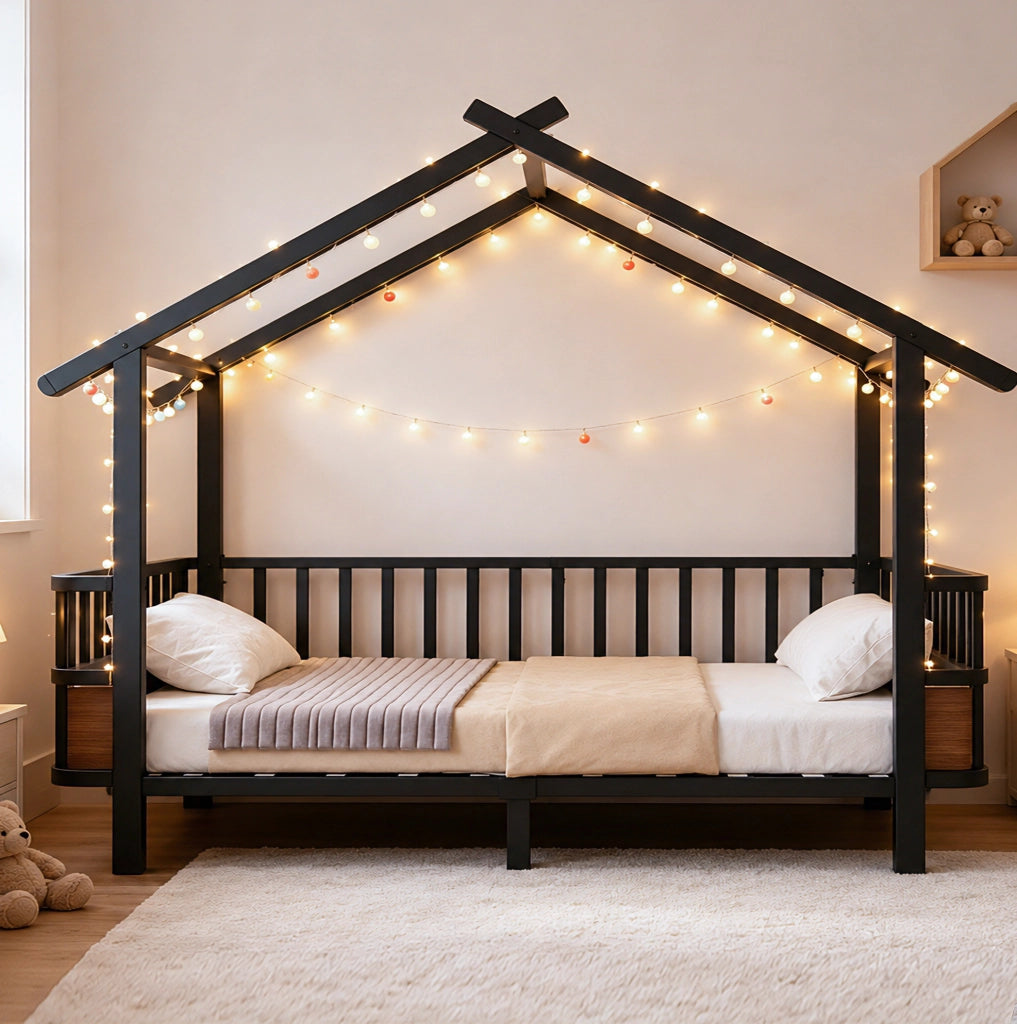 Letto per bambini a casetta 90x200 cm con sponde di sicurezza in metallo nero