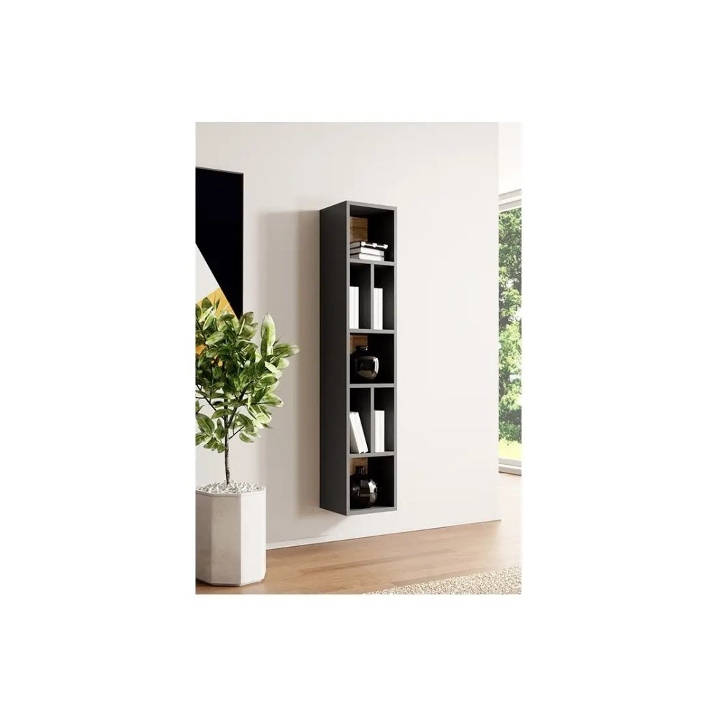 Biblioteca sospesa OHIO – Grigio antracite e quercia – L32 x H159 cm