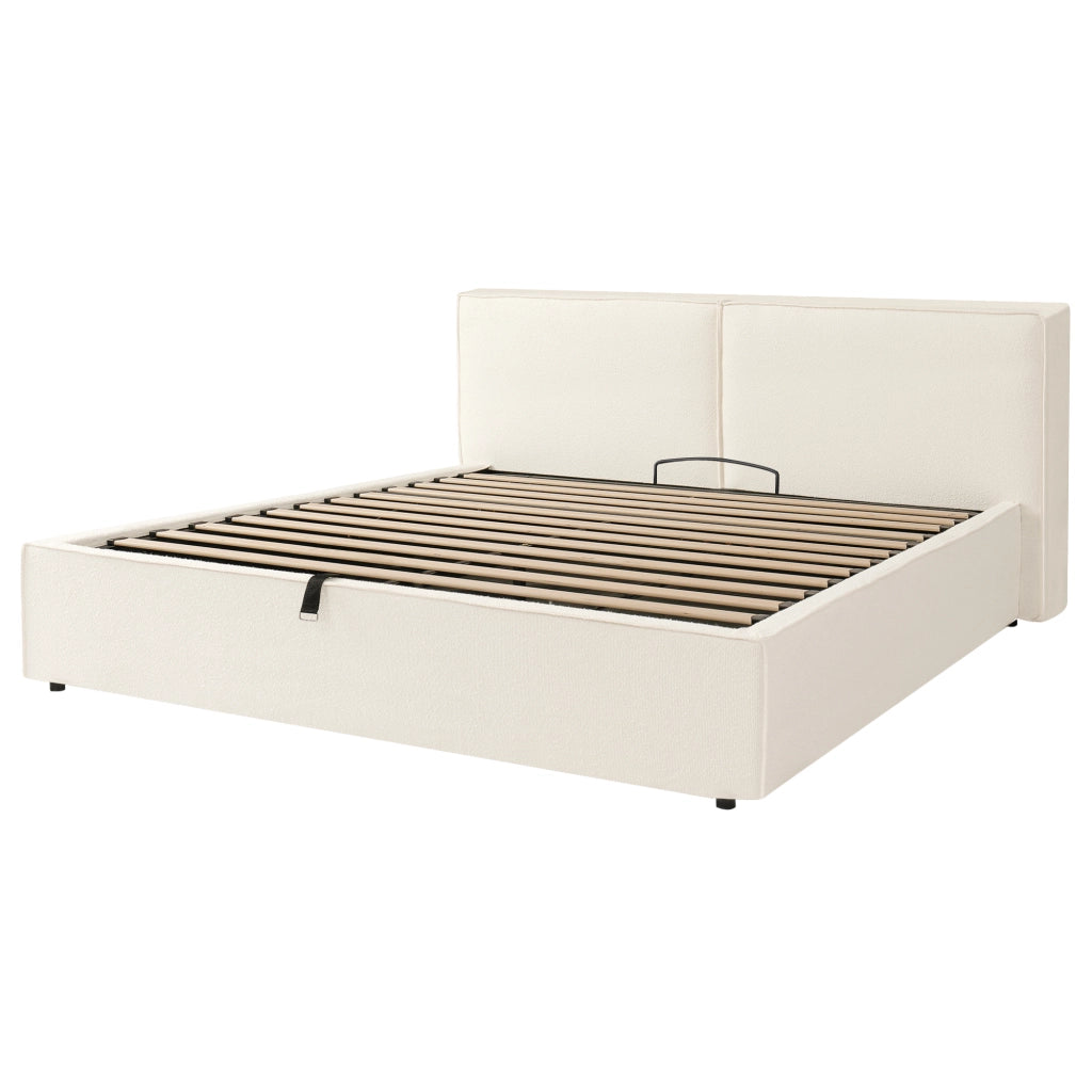 Letto matrimoniale 180x200 cm in Bouclé bianco con contenitore idraulico, rete a doghe e testiera imbottita