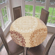 Tappeto per tavolo all'aperto, rotondo, 90 cm, elastico, rotondo, lavabile, impermeabile, effetto loto, giardino, tappeto per tavolo, beige, tappeto per tavolo a mandala, ideale per 70 cm - 80 cm