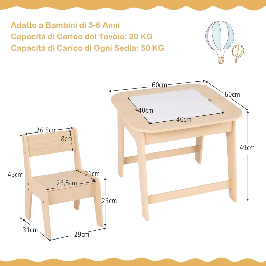 Set Tavolo e 2 Sedie per Bambini, con Lavagna Reversibile, Tavolo Multiattività con Vano Portaoggetti Nascosto e Sedie, per Bambini da 3-6 Anni, per Cameretta e Soggiorno (Giallo)