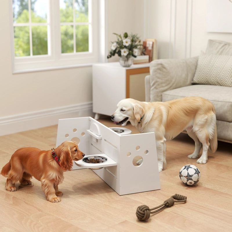 Ciotola rialzata per cani con doppio lato e 3 altezze regolabili, tappetino antiingozzamento, in MDF bianco 63 × 58,5 × 40 cm