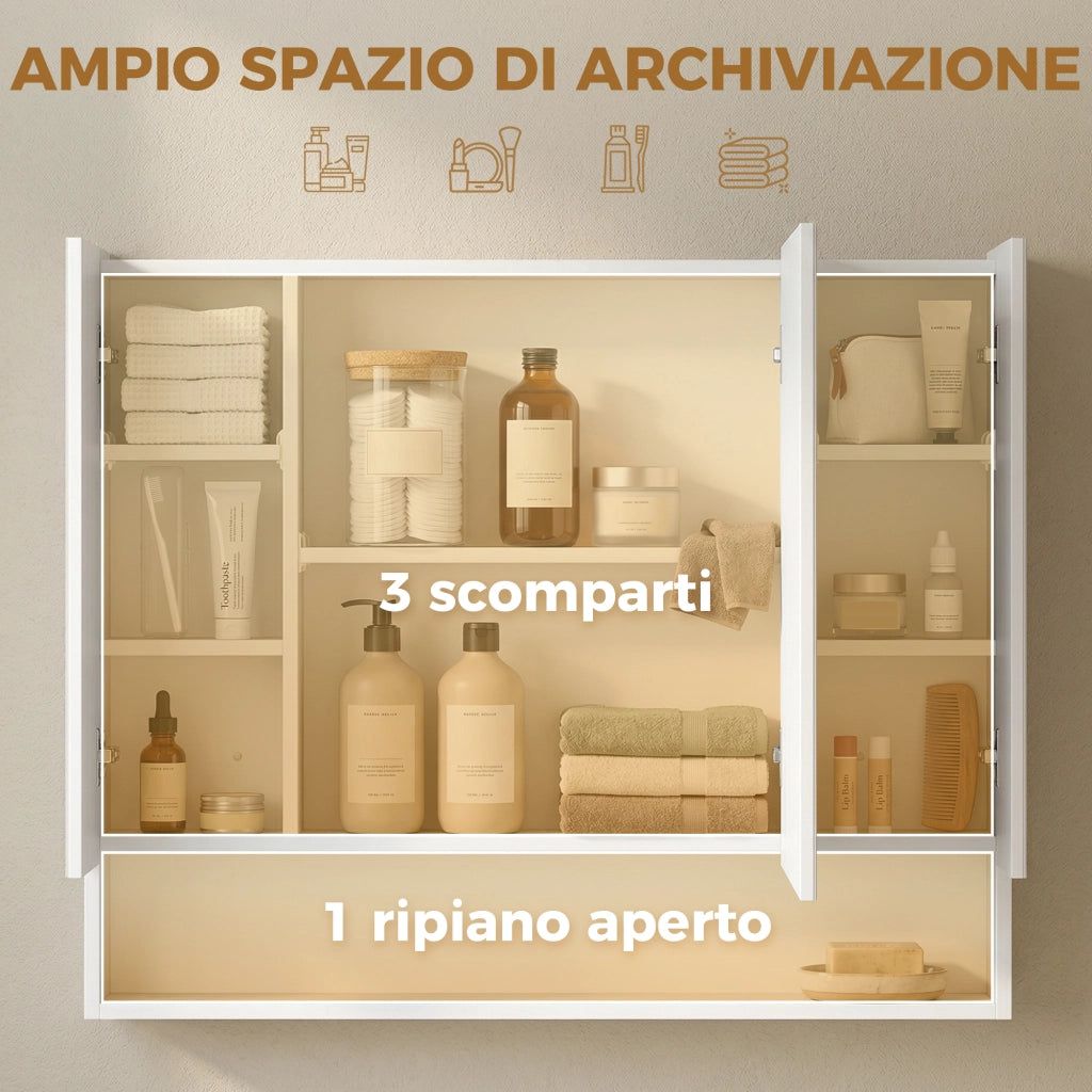 Specchiera Bagno con Armadietto 3 Ante ¨C Zephmum ¨C 90x15x75 cm, Bianco