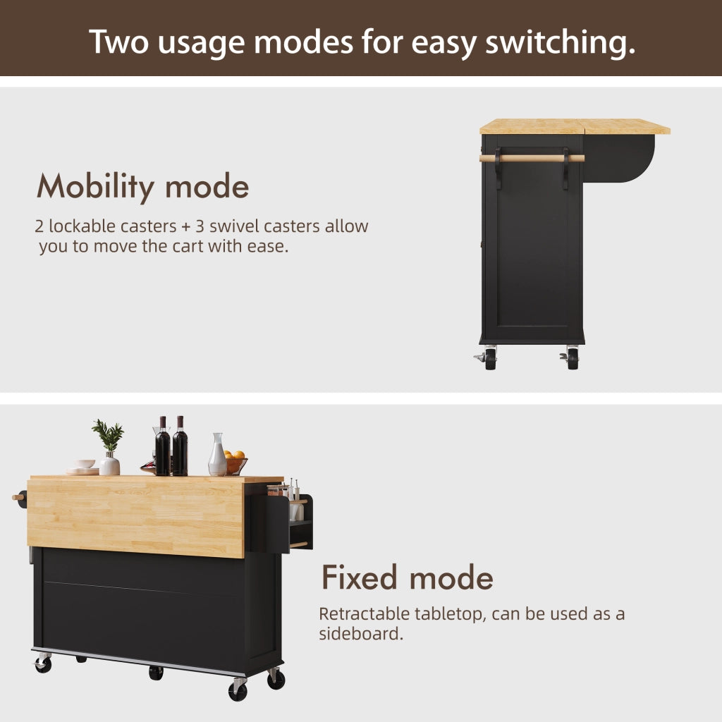 OKWISH Carrello da Cucina con Cassetto, Ripiani, Ante in Vetro e Piano Estensibile con Ruote, MDF, Nero