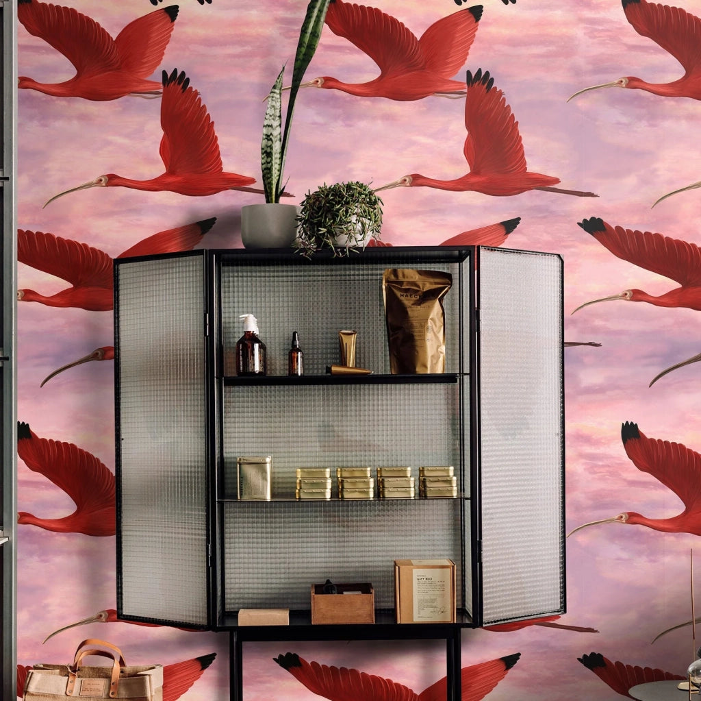 Carta da Parati Tropicale Rosa Uccelli al Tramonto Carta Vegana 250x200cm 5,5mq 
