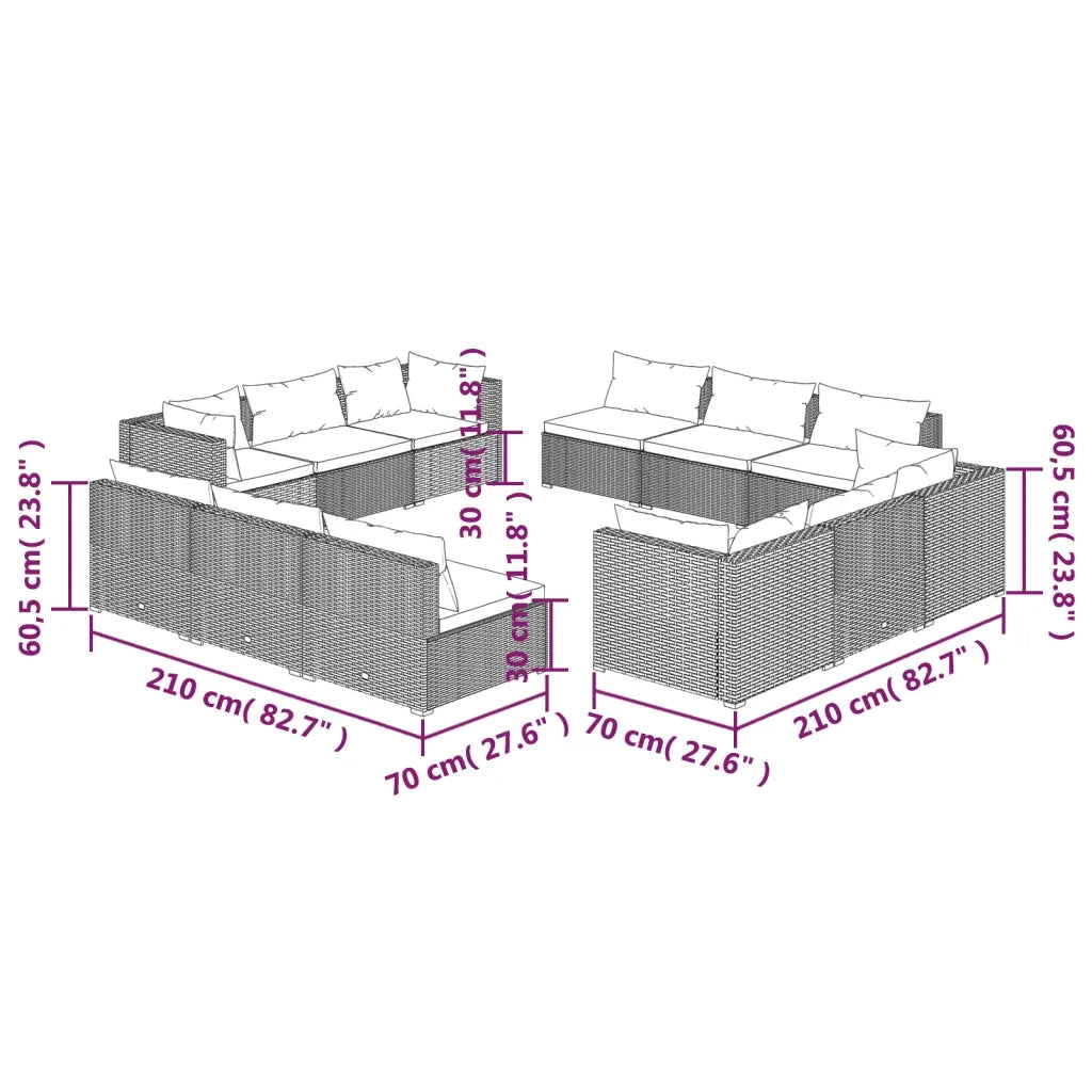 Set Divani da Giardino 12 pz con Cuscini in Polyrattan Grigio 3101589