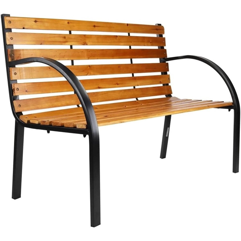 Trade Shop - Panchina Da Parco Panca Con Braccioli In Metallo Legno Marrone 122x60x81cm Arredo Giardino -