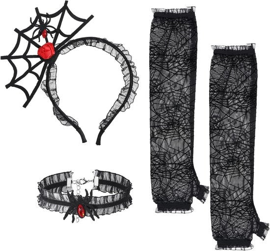 Set di accessori per Halloween per donne - nero/rosso con disegno di ragno - ideale per cosplay e feste