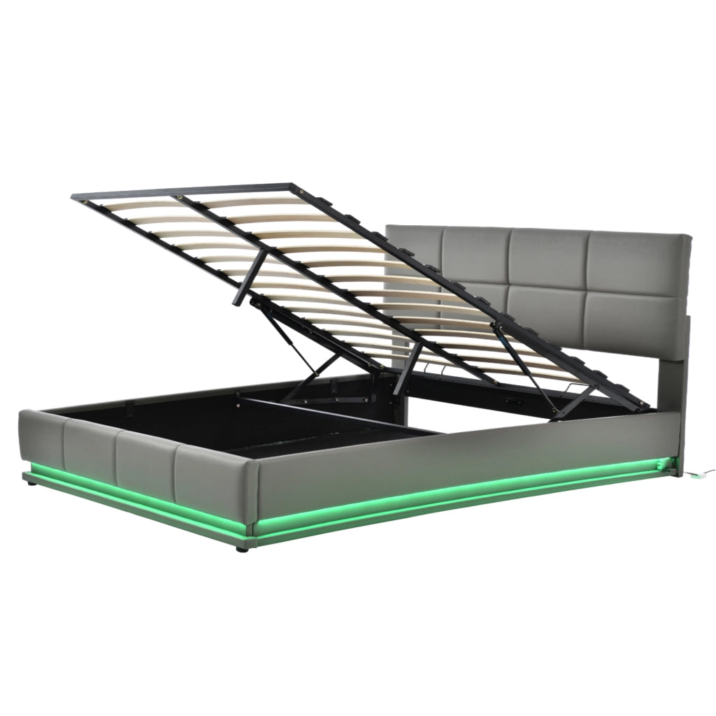 Letto Contenitore Imbottito 160x200 ¨C MINIMAL ¨C Grigio, LED, Idraulico, Testiera Regolabile