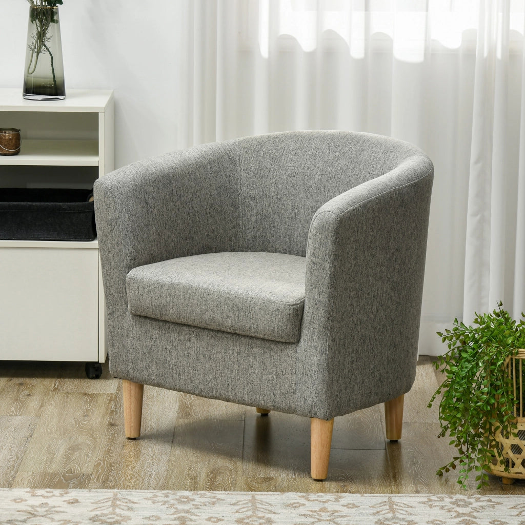 Poltrona Moderna a Pozzetto in Tessuto con Gambe in Legno, Poltroncina da Camera e Salotto Imbottita, 74x63x73cm, Grigio