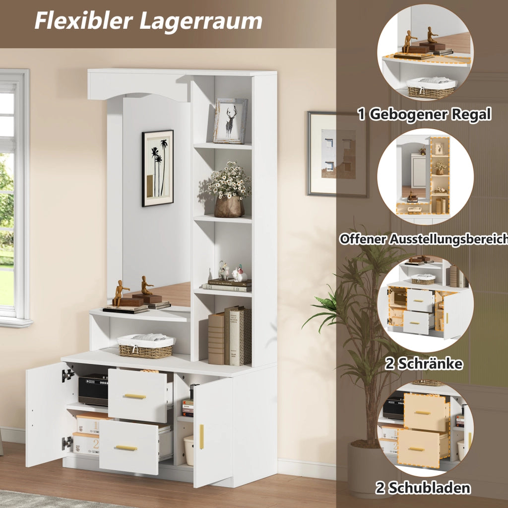 Mobile ingresso multifunzione 90x40x180 cm con specchio; 2 armadi e 2 cassetti; bianco