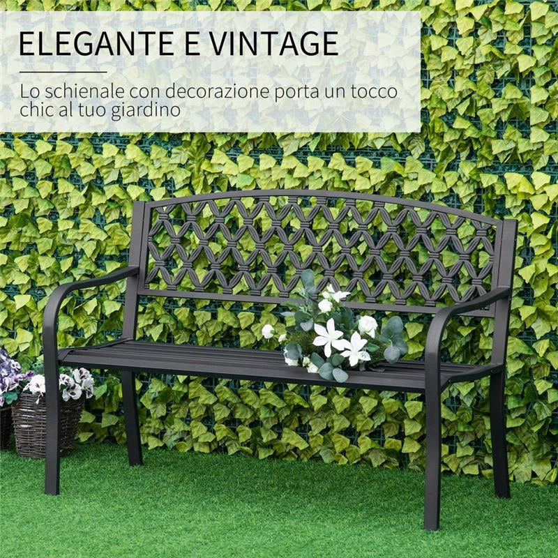 PANCHINA DA ESTERNO 2 POSTI CON BRACCIOLI IN ACCIAIO E GHISA, 128X58.5X89CM, NERO