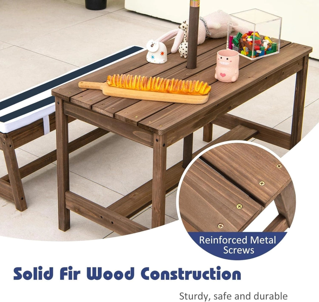 Set di mobili da giardino per bambini con 2 panche e ombrello regolabile, in legno di abete, per bambini con cuscino, set di mobili per giardino, terrazza, balcone (blu)