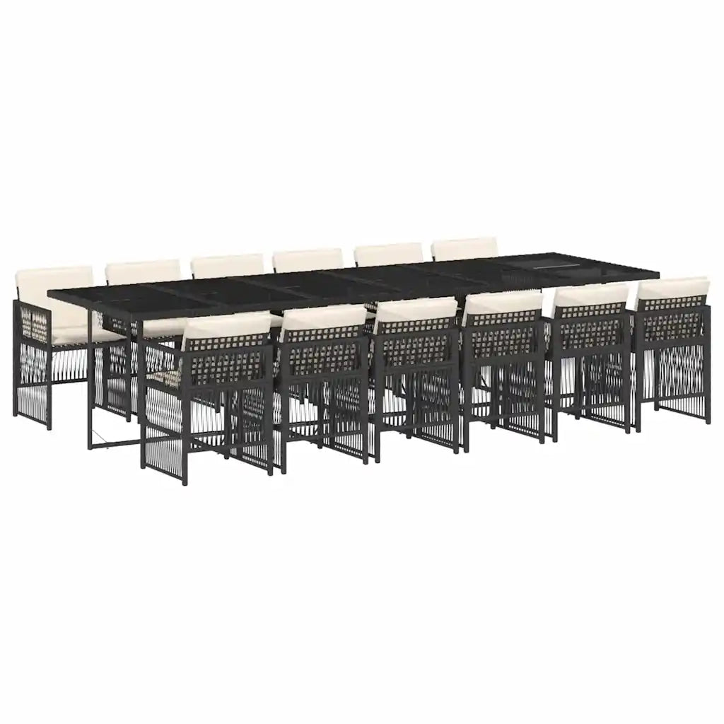 Set da Pranzo da Giardino 13pz con Cuscini Nero in Polyrattan