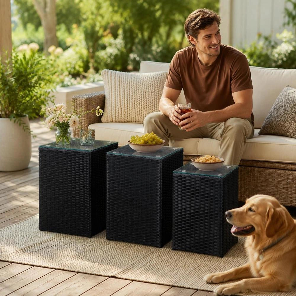 Side Tables, Set Of 3, With Glass Tops, Black Poly Rattan
