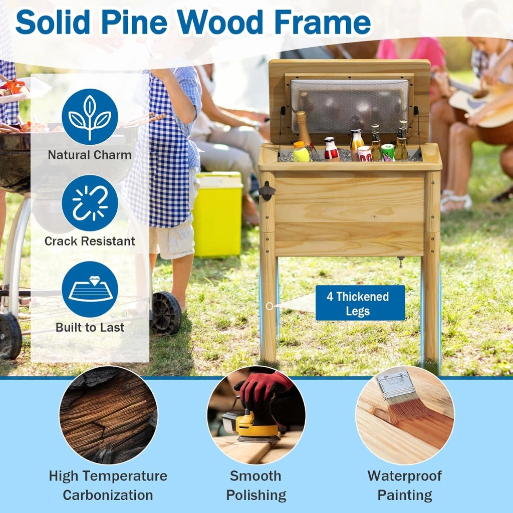 Frigorifero per rotelle, 51 l, bar all'aperto mobile 67 x 47 x 74 cm, tempo di mantenimento 2-4 ore, materiale in legno di pino solido, per giardino, terrazza, piscina, bistrot, naturale