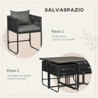 Set da Giardino 5 Pezzi in Rattan PE e Acciaio, 4 Sedie da Esterno con Cuscini e Tavolo Rettangolare