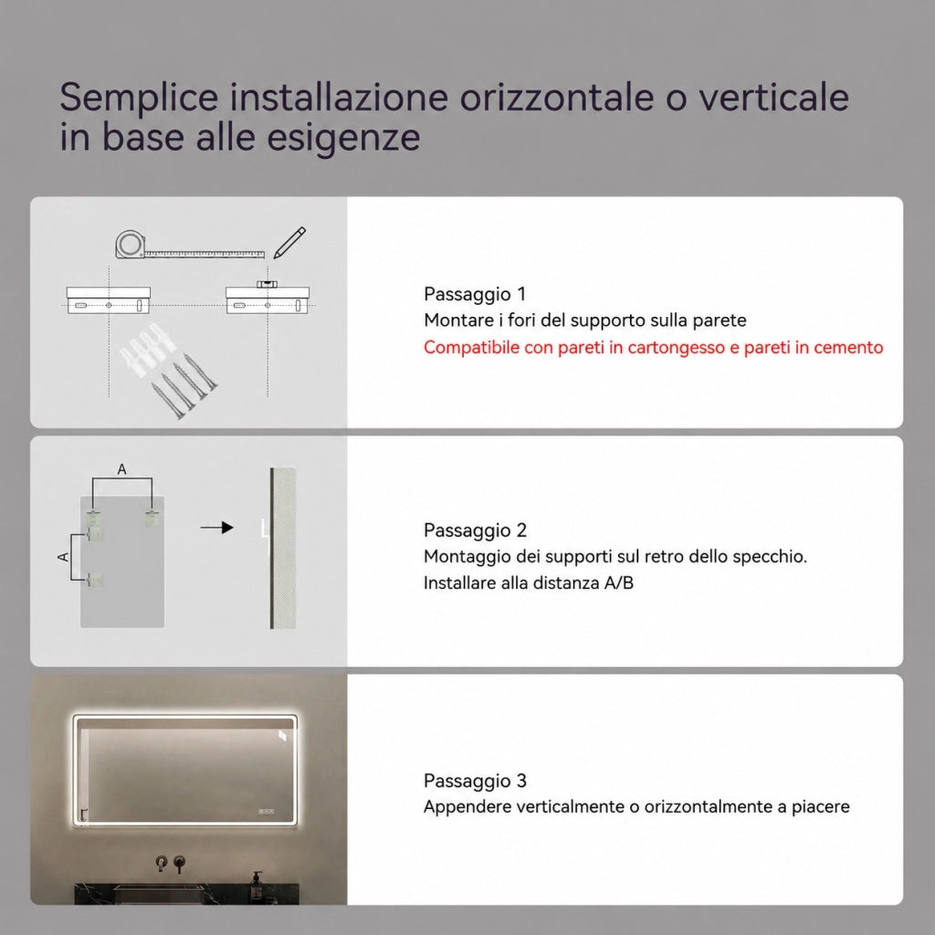 Specchio da bagno a LED 60x120 cm senza cornice; retroilluminato e frontale; antiappannamento; vetro HD; argento