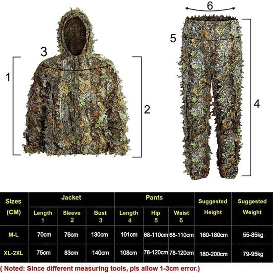 Kit di mimetizzazione Ghillie 3D foglia bionica - Set di abbigliamento tattico per caccia, tiro e combattimento per uomini, donne e bambini - Dimensioni XL e XXL - Ideale per outdoor, sopravvivenza e paintball