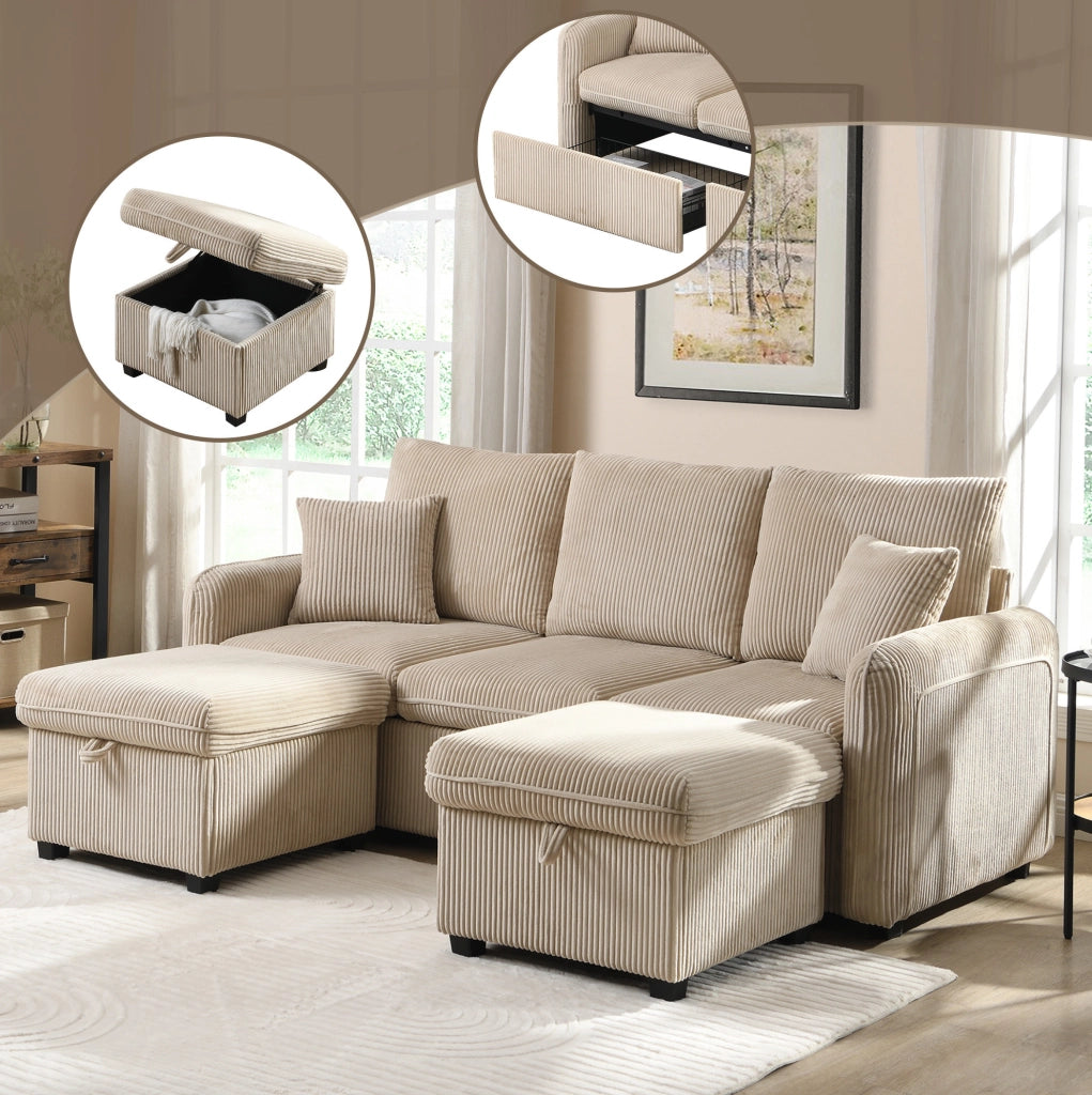 Divano modulare 3 posti con 2 pouf contenitore, funzione letto, cord beige