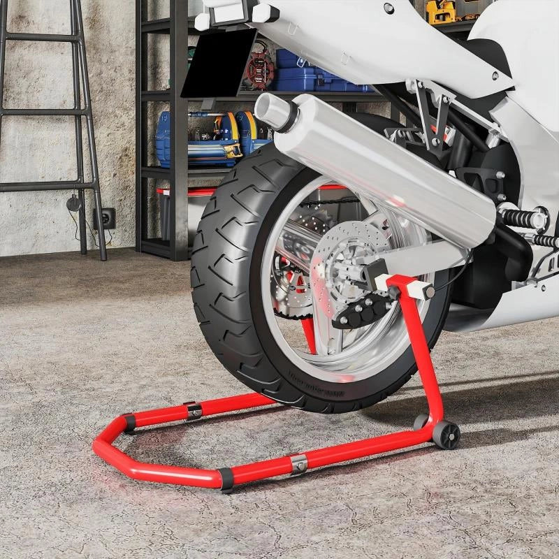CAVALLETTO MOTO ANTERIORE E POSTERIORE CON CAPACITÓ 390 KG, FORCELLE A U E L, ROTELLE E CUSCINETTI ANTISCIVOLO, ROSSO