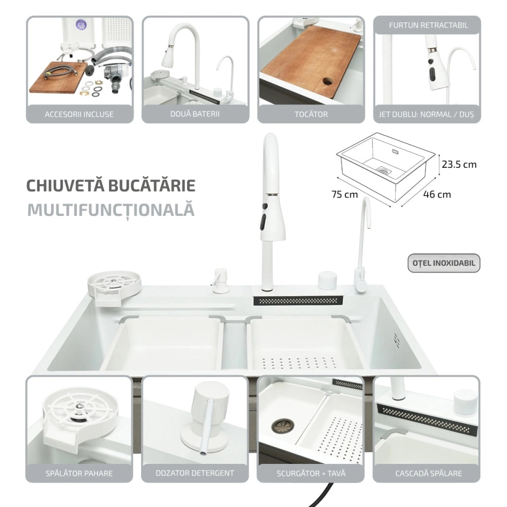 Lavello da cucina multifunzionale in acciaio inox con due rubinetti, funzione cascata, lavapentole, dispenser di sapone, scolapiatti, vassoio, tagliere e accessori di scarico inclusi, dimensioni 75x46x23,5 cm.