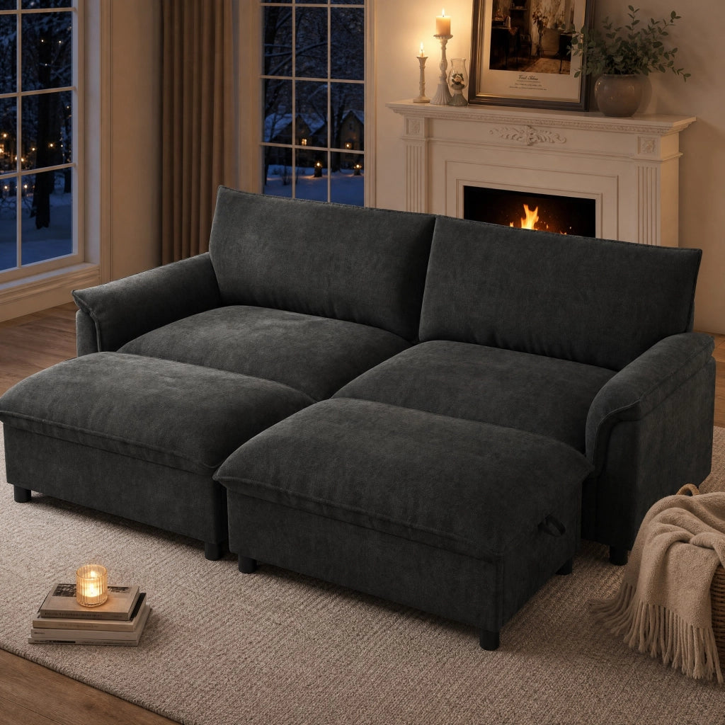 Divano modulare in chenille nero con pouf contenitore mobile, funzione letto temporanea, 216x77x82 cm