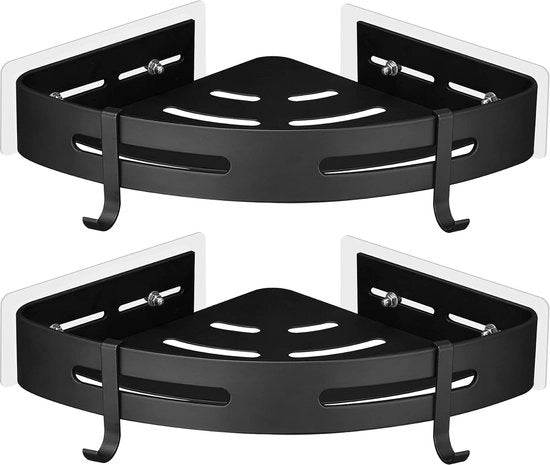 Pannello angolare, maniglia doccia, pannello doccia, senza perforazione, pannello doccia, spazio in alluminio, con 4 ganci, pannello doccia, contrattura bagno con adesivo, contrattura bagno per bagno e cucina, 2 piani, nero