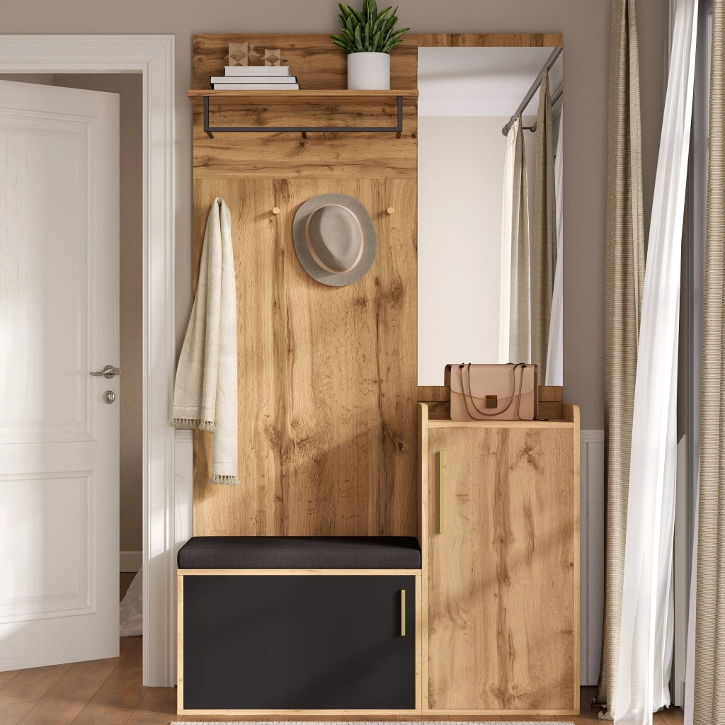 Mobile Ingresso con Specchio e Panca; Scarpiera con 1 Anta; Ganci e Ripiano; Stile Moderno; in Pannelli di Particelle; Nero e Rovere; 100??38??185 cm