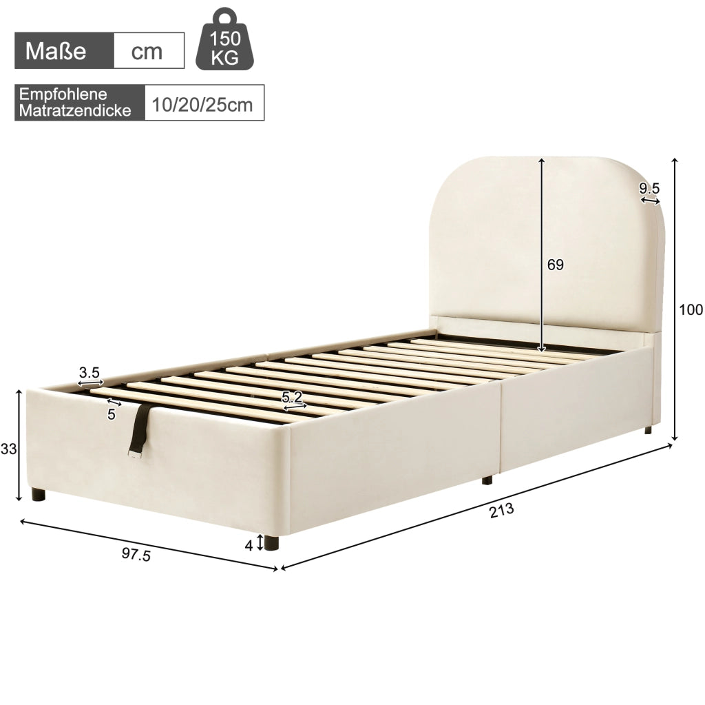 Letto singolo 90x200 cm beige con contenitore idraulico e testiera, senza materasso