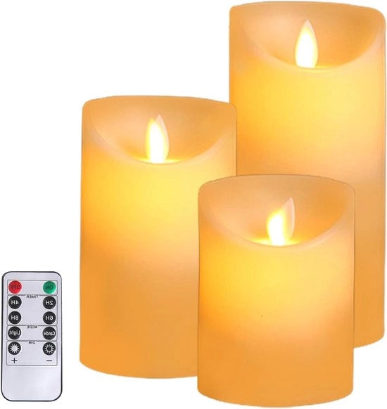 Set di 3 candele LED inaccendabili acqua-resistenti per esterno con telecomando - 10 cm 12,5 cm 15 cm.