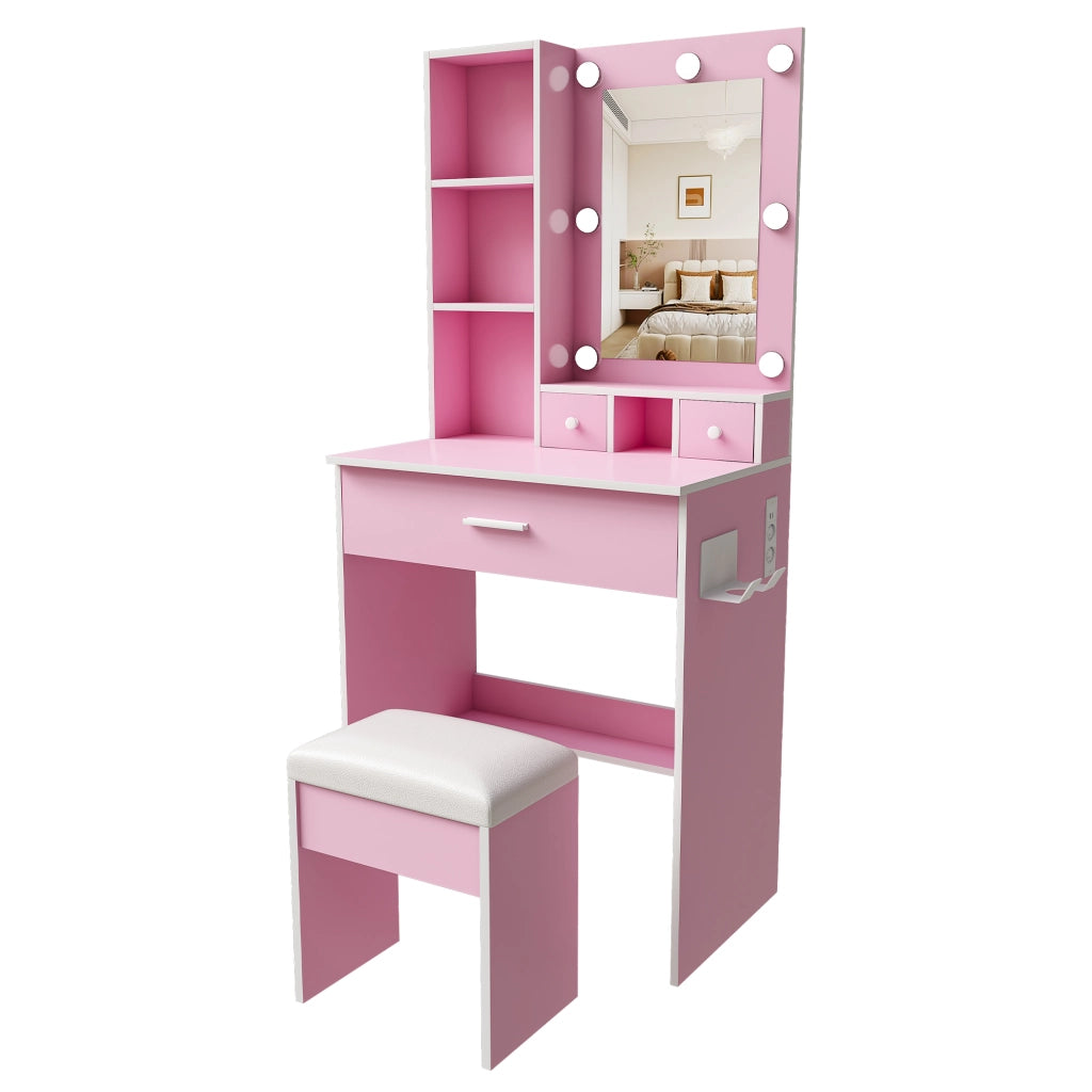 TOELETTA con specchio LED, presa e sgabello, 60 x 131,5 x 38 cm, MDF rosa
