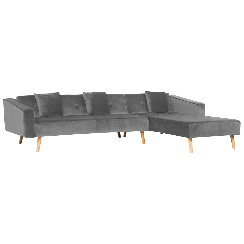 Divano letto ad angolo con 3 cuscini Rivestimento in velluto grigio Gambe in legno chiaro Chaise longue reclinabile sinistra a 4 posti
