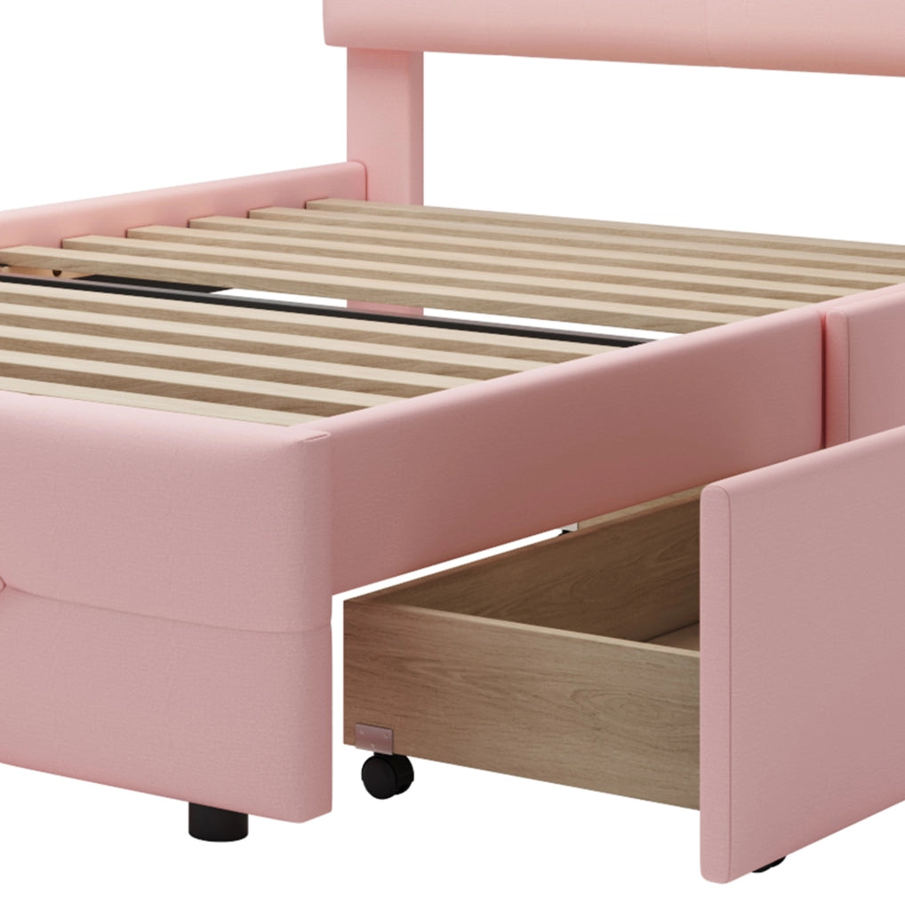 Letto singolo imbottito 90x200 cm con LED e 2 cassetti; rosa
