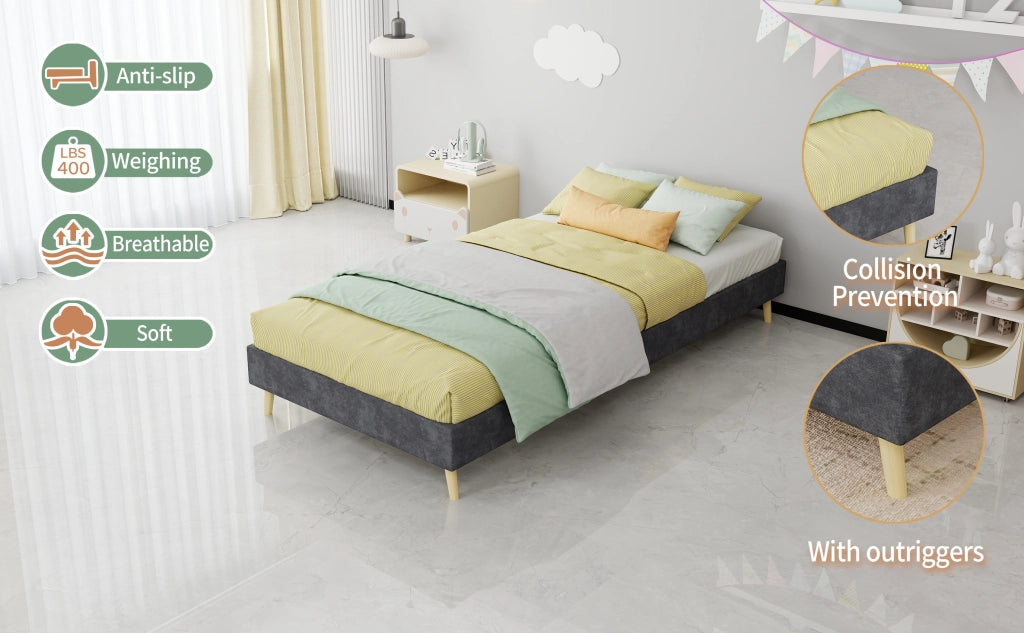 DESMIU Letto singolo 90 × 200 cm con struttura di supporto, senza materasso, in tessuto e metallo, grigio