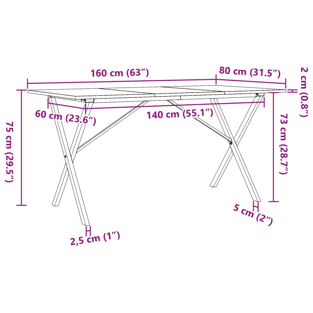 Tavolo da Pranzo Telaio a X 160x80x75 cm Legno Pino e Acciaio