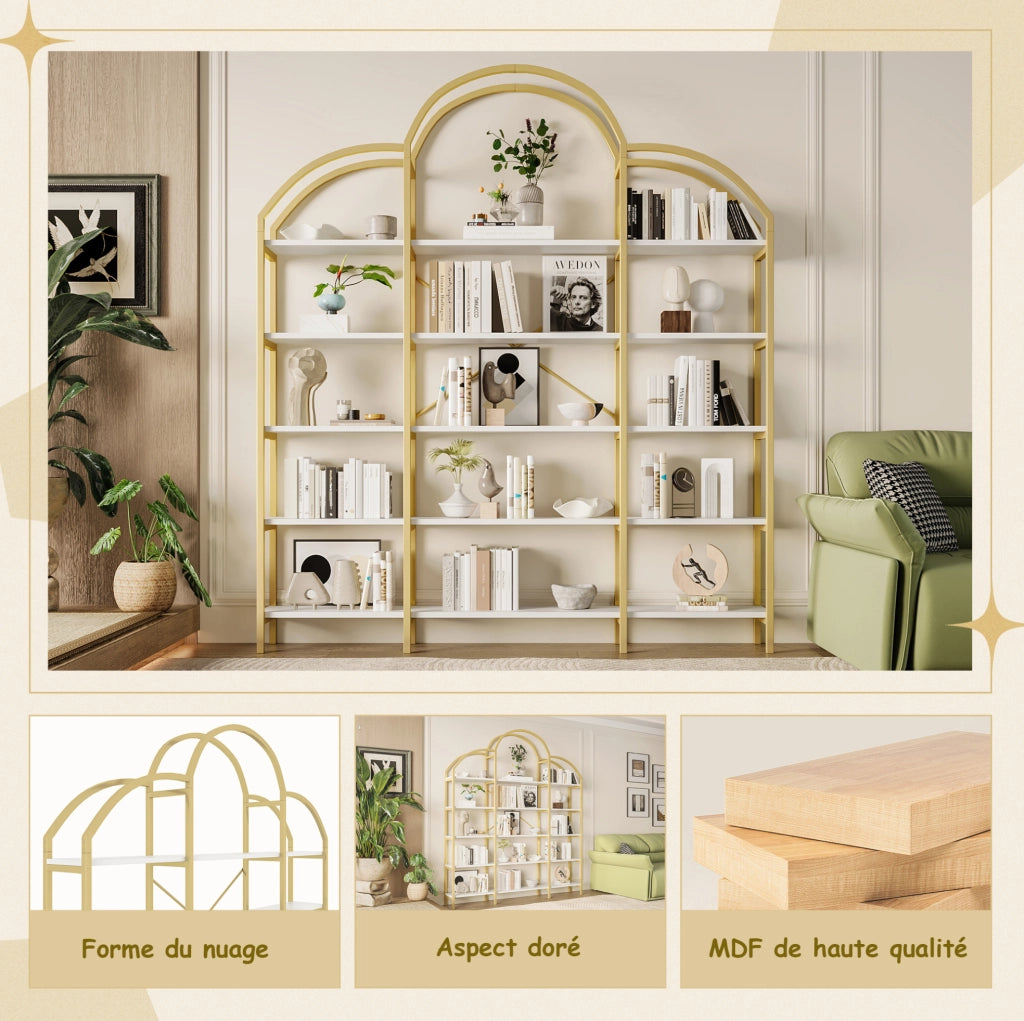 Mobiletto 170x26x190 cm in Acciaio e MDF con 5 Ripiani, Design Nuvola, Colori Oro e Bianco