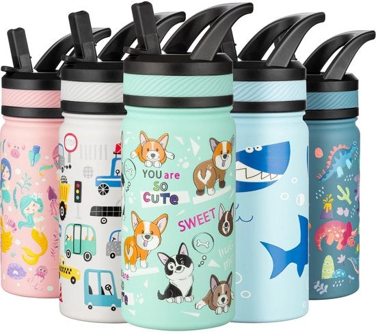 Fles termos 420 ml, RVS con beccuccio, libera da latticello, BPA-free, per scuola, bambini, ragazzi e ragazze (verde - cani)