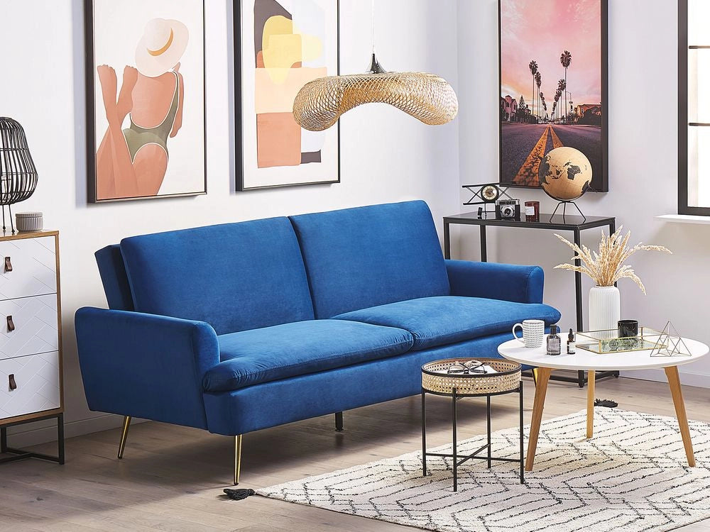 Divano Letto in Velluto Blu Navy 3 Posti Click Clack Gambe In Metallo Dorato